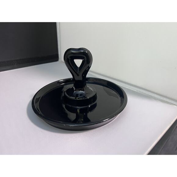 Vintage Black Amethyst Glass Center Heart Handle Round Trinket Tidbit Tray - Picture 4 of 6